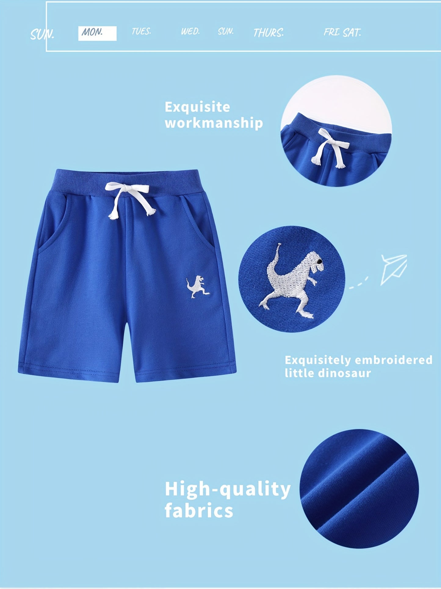 Set of Three Athletic Shorts for Young Boys Featuring Pockets - Easy Pull-On Style with Active Dinosaur Embroidery, Comfortable And Breathable Summer Shorts for Children, for Outdoor