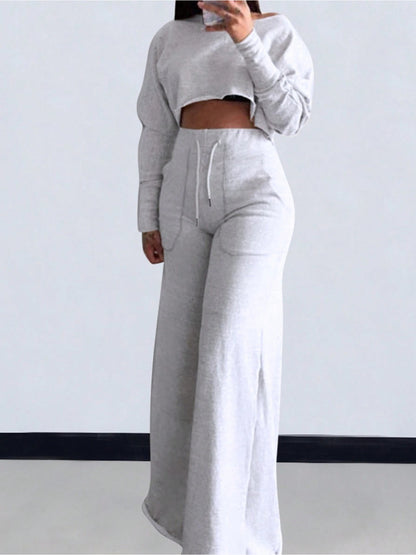 Fall And Winter 2pcs Women's Cropped T-Shirts & High-Waisted Sweatpants Set - Drawstring Waist Straight Leg Lounge Set, Winter Outfits, Women Two Piece Outfits for Ourdoor, S, Pant Suits for Women 2pcs, Women's Winter Outfits Set