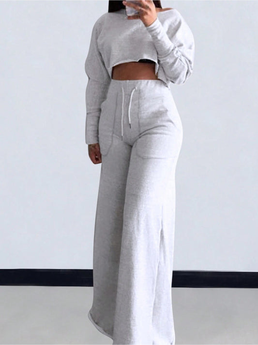 Fall And Winter 2pcs Women's Cropped T-Shirts & High-Waisted Sweatpants Set - Drawstring Waist Straight Leg Lounge Set, Winter Outfits, Women Two Piece Outfits for Ourdoor, S, Pant Suits for Women 2pcs, Women's Winter Outfits Set
