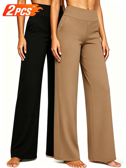 2pcs Women's High Waist Solid Color Wide Leg Pants with Double Pockets, Butt Lifting Slim Fit Trousers, Lightweight Breathable Skin-Friendly Fabric, Versatile for Office Work Daily Streetwear