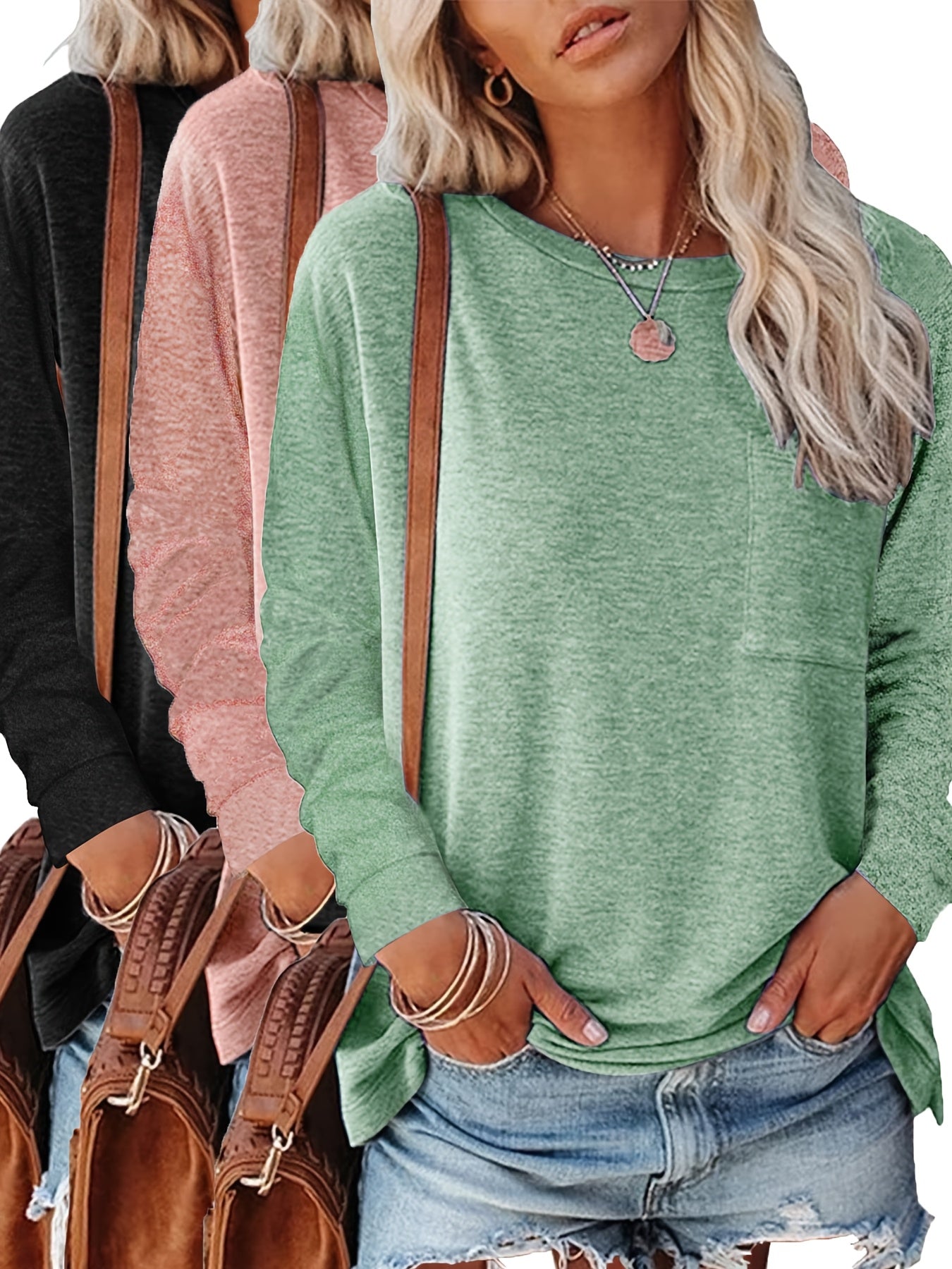 3pcs Women'S Spring And Autumn T Shirt Long Sleeve Chest Pocket Casual Comfort Top