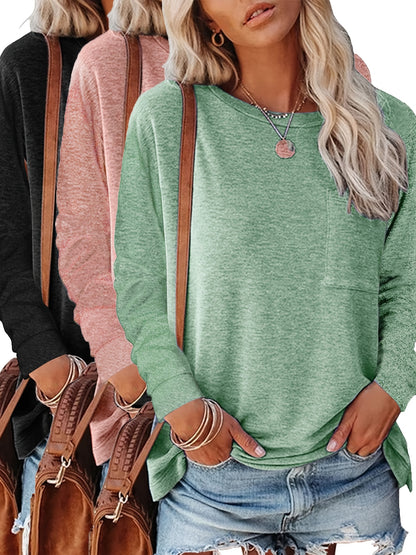 3pcs Women'S Spring And Autumn T Shirt Long Sleeve Chest Pocket Casual Comfort Top
