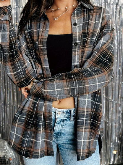 Plus Size, Plus Size- Women's Casual Flannel Plaid Shirt Button Long Sleeve Gray Shirt Jacket with Pockets