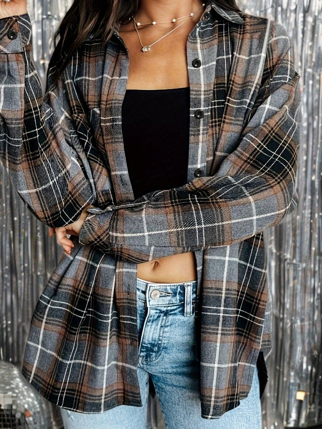 Plus Size, Plus Size- Women's Casual Flannel Plaid Shirt Button Long Sleeve Gray Shirt Jacket with Pockets