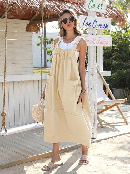 [Loose Midi Dress] Women's Loose Adjustable Strap Midi Overall Dress with Big Pockets in Workwear Style