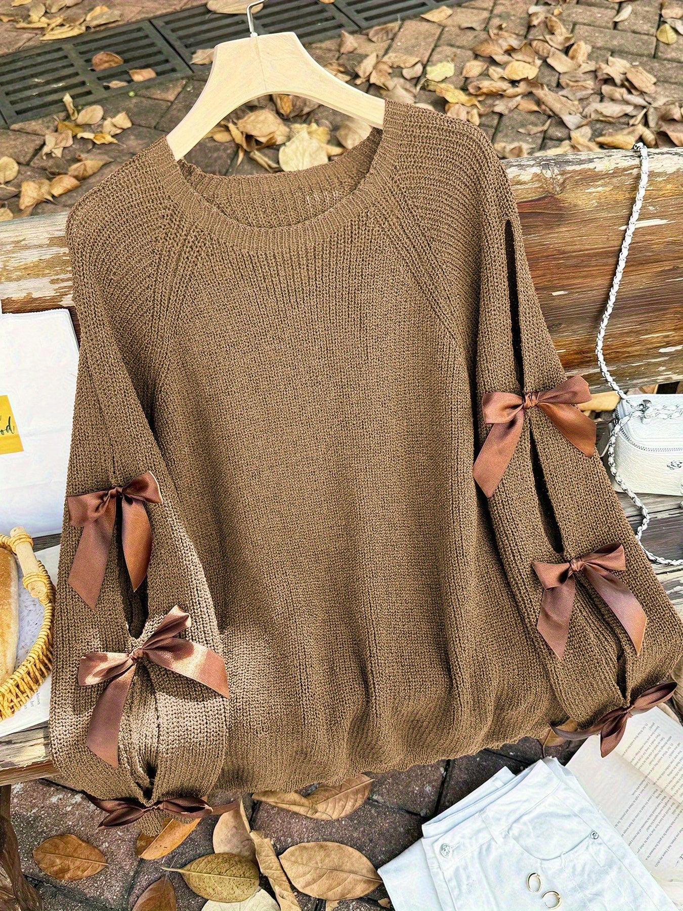 Plus Size, Plus-size  Sweet Style, Round Neck Balloon Sleeve Bow Sweater, Autumn and Winter Atmosphere Items