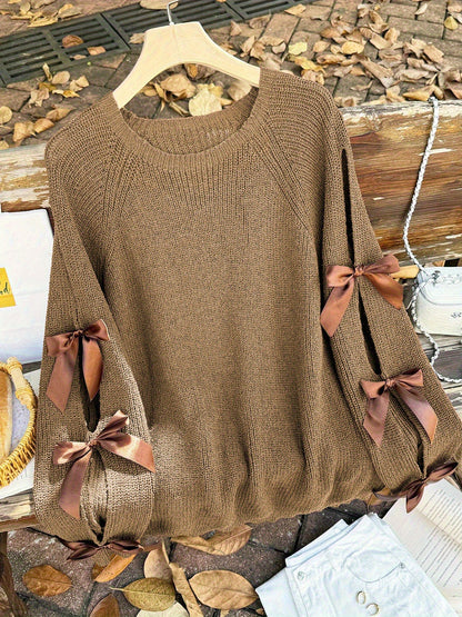 Plus Size, Plus-size  Sweet Style, Round Neck Balloon Sleeve Bow Sweater, Autumn and Winter Atmosphere Items
