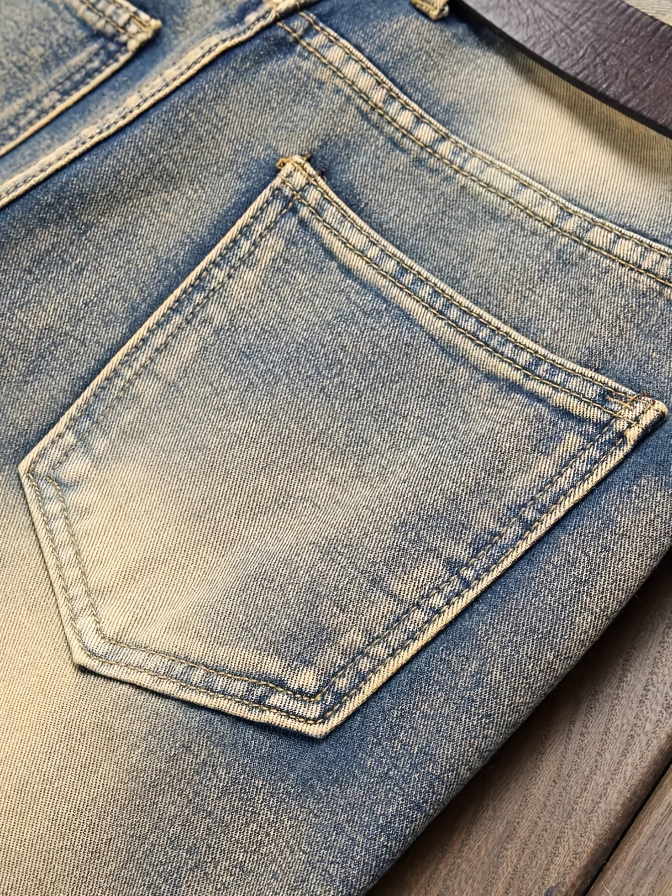 [HME] Men's Street Fashion Jeans, Classic Five-pocket Style, Retro Washed Mud Yellow, Irregular Hole Patch Design, Mid-waist Elastic Slim Straight Leg, YKK Zipper Closure, Trendy Brand Cool And Stylish Men's Denim Long Pants