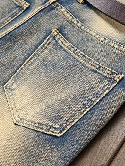 [HME] Men's Street Fashion Jeans, Classic Five-pocket Style, Retro Washed Mud Yellow, Irregular Hole Patch Design, Mid-waist Elastic Slim Straight Leg, YKK Zipper Closure, Trendy Brand Cool And Stylish Men's Denim Long Pants