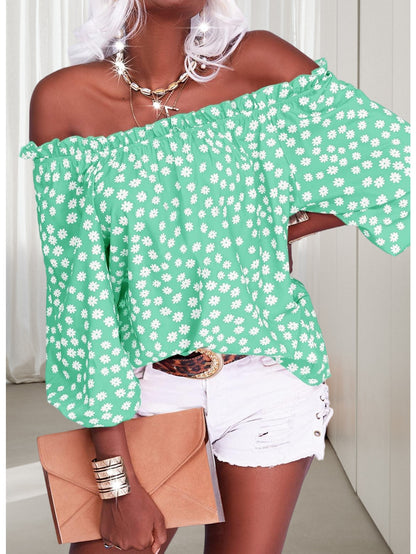 Womens Summer Off Shoulder Blouse Floral Print 3/4 Sleeve Casual Chiffon Tops Shirts