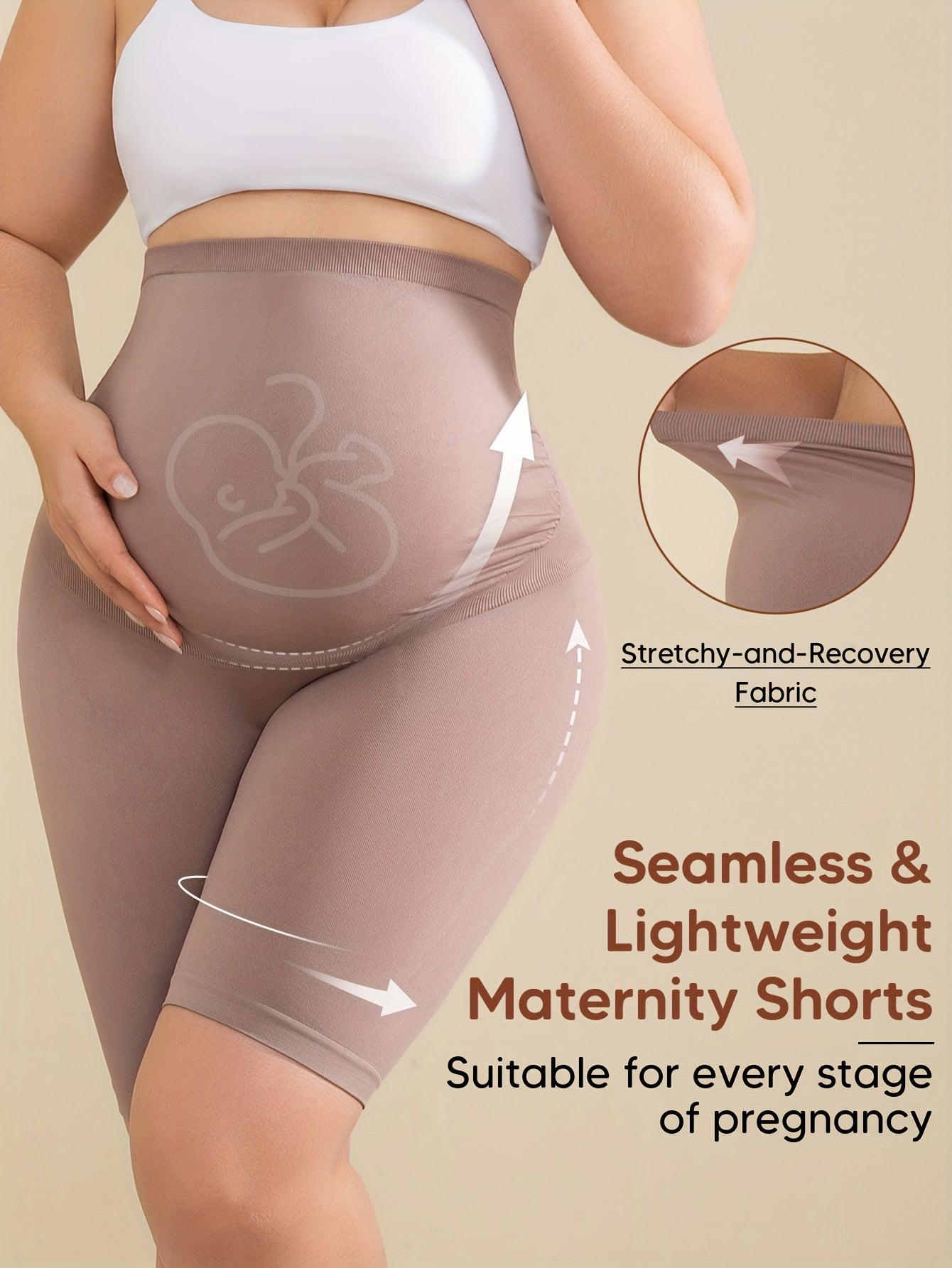 Beige High-Waisted Maternity Shorts Featuring Back Support, an Expandable Belly Panel, And a Built-In Band for Comfort During Pregnancy. They Are Breathable And Stretchy with a Ribbed Design, Perfect for Yoga And Casual Wear