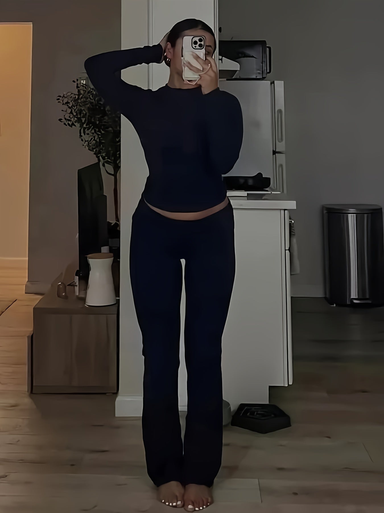 Casual Two Piece Outfits Long Sleeve High Waist Fold-Over Flare Flared Leggings Pants Sets Streetwear