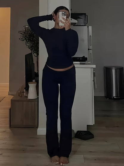 Casual Two Piece Outfits Long Sleeve High Waist Fold-Over Flare Flared Leggings Pants Sets Streetwear