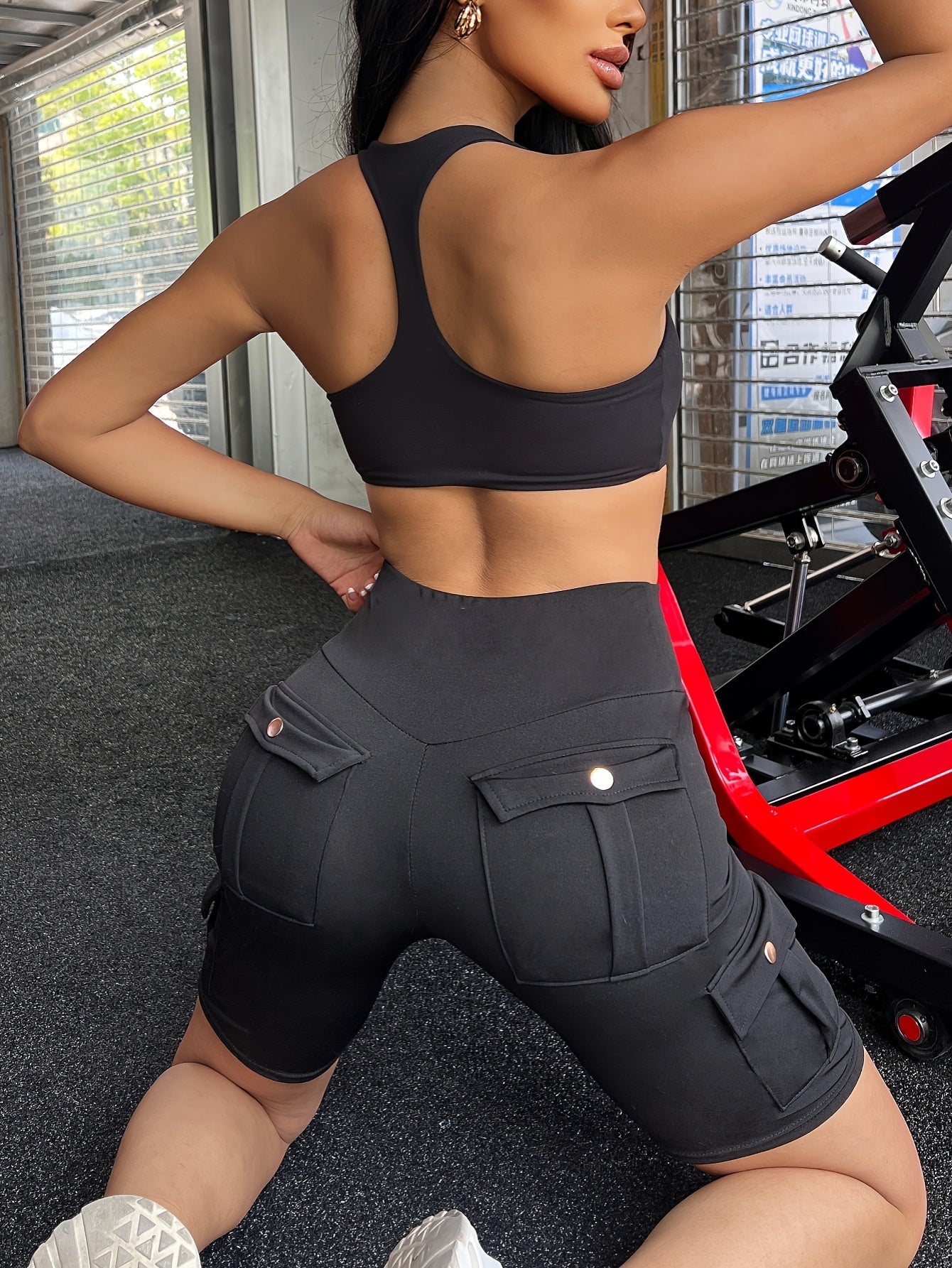 High Waist Women's Solid Color Sports Yoga Tooling Shorts with Pocket Design