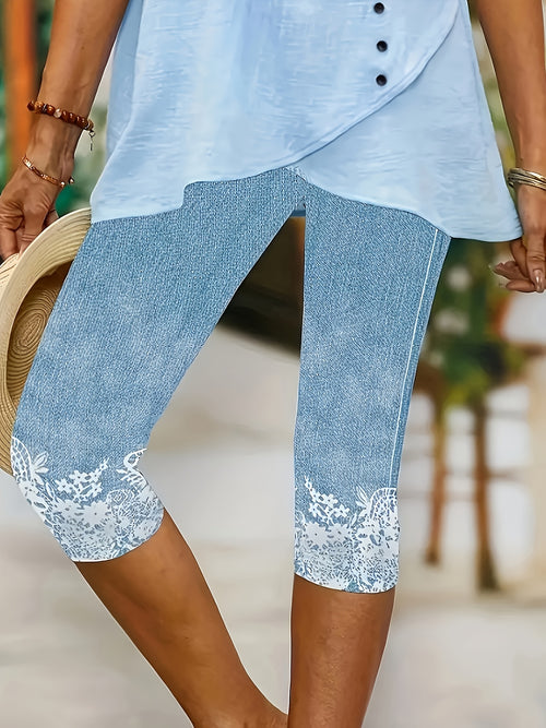 2pcs Women's Elegant Floral Print Skinny-Fit Capri Leggings - Polyester Machine-Washable All-Season Pants for Casual & Formal Wear, Versatile Bottoms, Trendy Bottoms, Comfortable Fit, Fitted Bottoms, Stylish Ladies