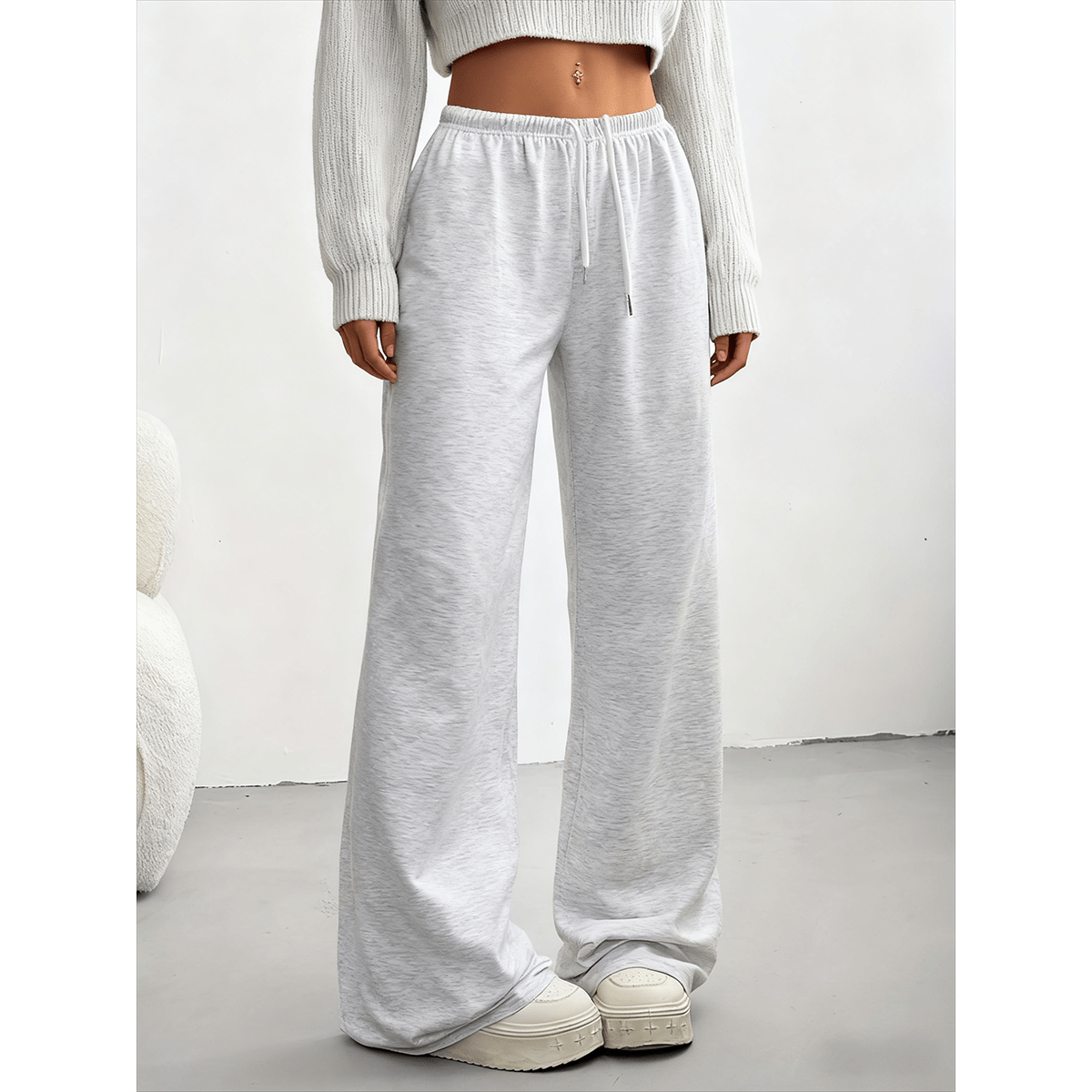 2pcs Women's Casual Wide-leg Pants with Elastic Waistband and Pockets - Elastic, Loose-fitting, Solid Color (black and Gray), Suitable for All Seasons, Comfortable Clothing | Loose Pants | Medium Elastic, Women's Jogging Pants/ Sweatpants/ Training