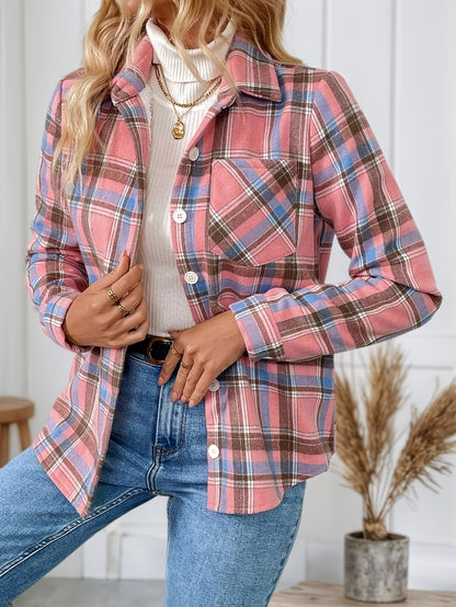 A Long-Sleeved Checkered Jacket for Women, Featuring a Fleece Lining for Added Warmth, Essential for Casual Outfits in The Fall And Winter