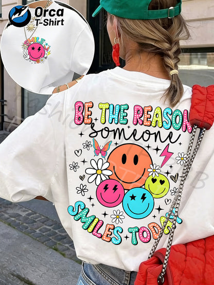 A Casual Women'S T-Shirt Made of 100% Featuring a Retro Print of Smiling Face Daisies That Radiate Positive Energy. This Y2K Style Has Short Sleeves And a Loose Round Neck