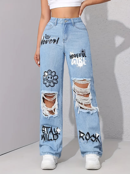 [High-Waist Graffiti Jeans] Women's High-Waist Straight-Leg Jeans with Graffiti Print And Ripped Detail - Light Blue Denim, Cartoon Design, Machine Washable, Casual Streetwear Style