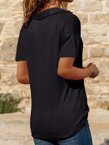 Women's Elegant V-Neck T-Shirt - Breathable Short Sleeve Casual Top with Moderate Stretch, Solid Color Machine-Washable Shirt for Spring & Summer, Ladies T Shirts, Everyday Comfort Wear, Versatile Fashion, Smooth Texture