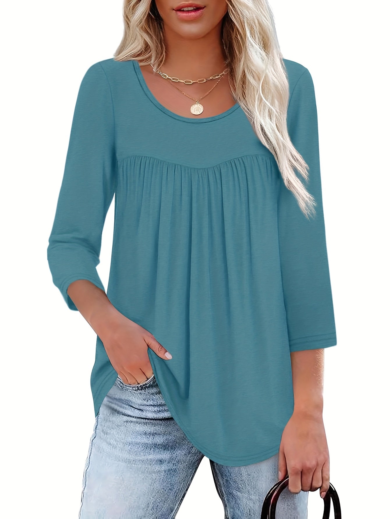 Three-piece Women's 3/4 Long-sleeved Top, Fashionable Ladies' Casual Loose Shirt, Round-neck Pleated T-shirt