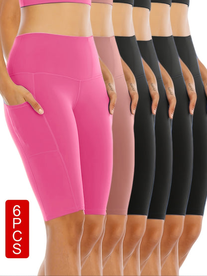 6pcs Set Of Women's Cycling Shorts with Pockets, High Waist Belly-closing Exercise Yoga Running Fitness Tennis Shorts Large Size Sports Shorts