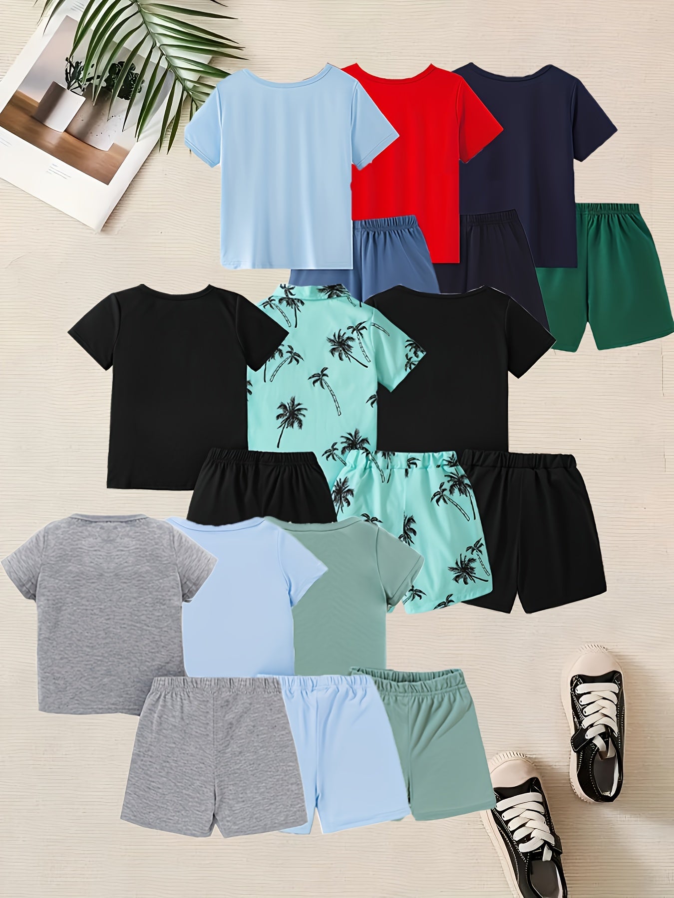 12pcs Boys' Casual Fashion Set, Random 6 Styles, 6 Shirts And 6 Shorts, Summer New Multi-Pc, Suitable for Outdoor Activities