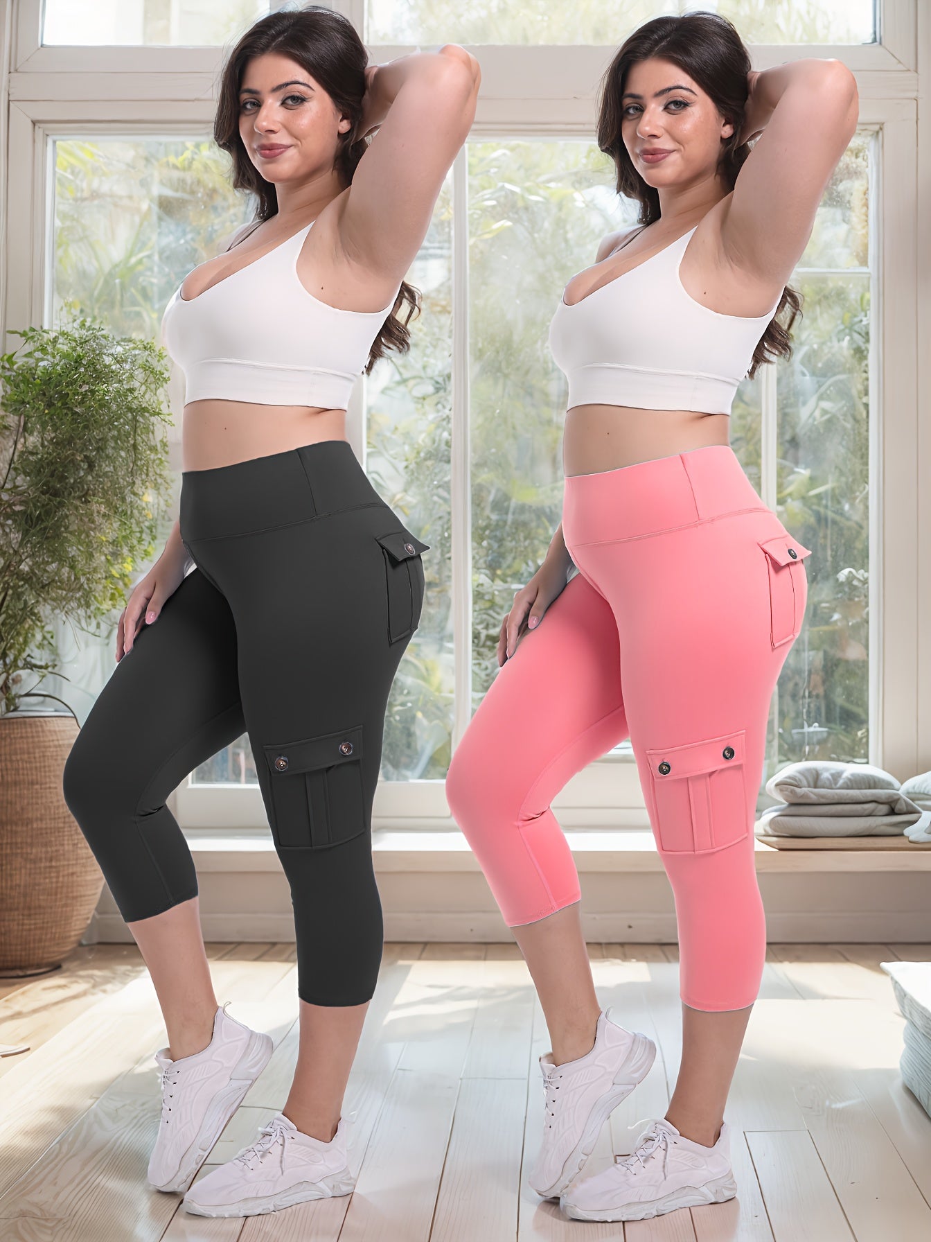 2pcs-Black & Pink High-Waist Leggings - product view 14