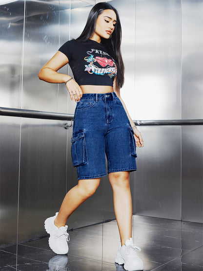 Women's Casual Washed Blue Denim Cargo Shorts with Flap Pockets - Stylish Knee-Length, Non-Stretch Fabric, Machine Washable, Utility Cargo Shorts for Spring/Summer, Everyday Utility Shorts | Kneelength Shorts | Machine Washable Denim