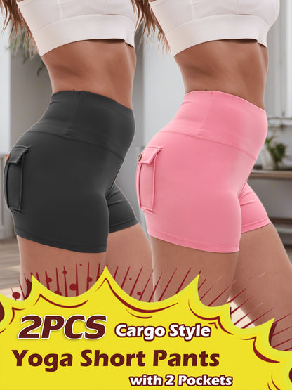 2pcs High Stretch Elastic Waist Cargo Shorts - Women's Shaping, Hip Lifting, Quick-Drying Fitness Pants with 2 Pockets, Solid Color Short Pants Set, Track Shorts Set