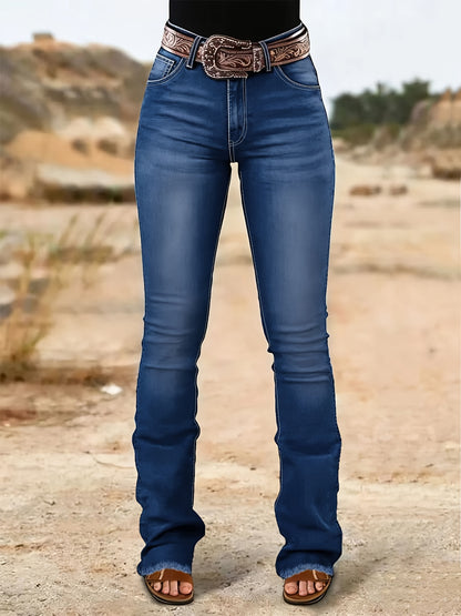 High-Waisted Bell-Bottom Jeans with a Black Irregular Pattern Embroidery on The Back Pocket, Featuring a Heavy Industry Contrast Color Wash, Cat Beard Design, And a Mature Retro Style Suitable for All Seasons