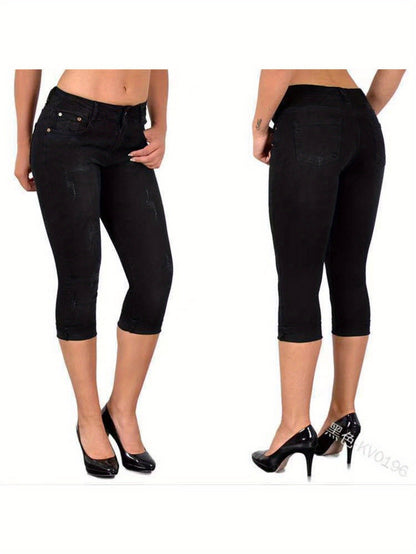Women's Stretch Skinny Cropped Capri Jeans - Slim-Fit Denim Pants with Comfort Stretch Fabric, Machine Washable & Summer Casual Streetwear Style, Elastic Waist Jeans, Casual Attire, Modern Fashion, Durable Construction, Street Fashion, Western Style, Comf