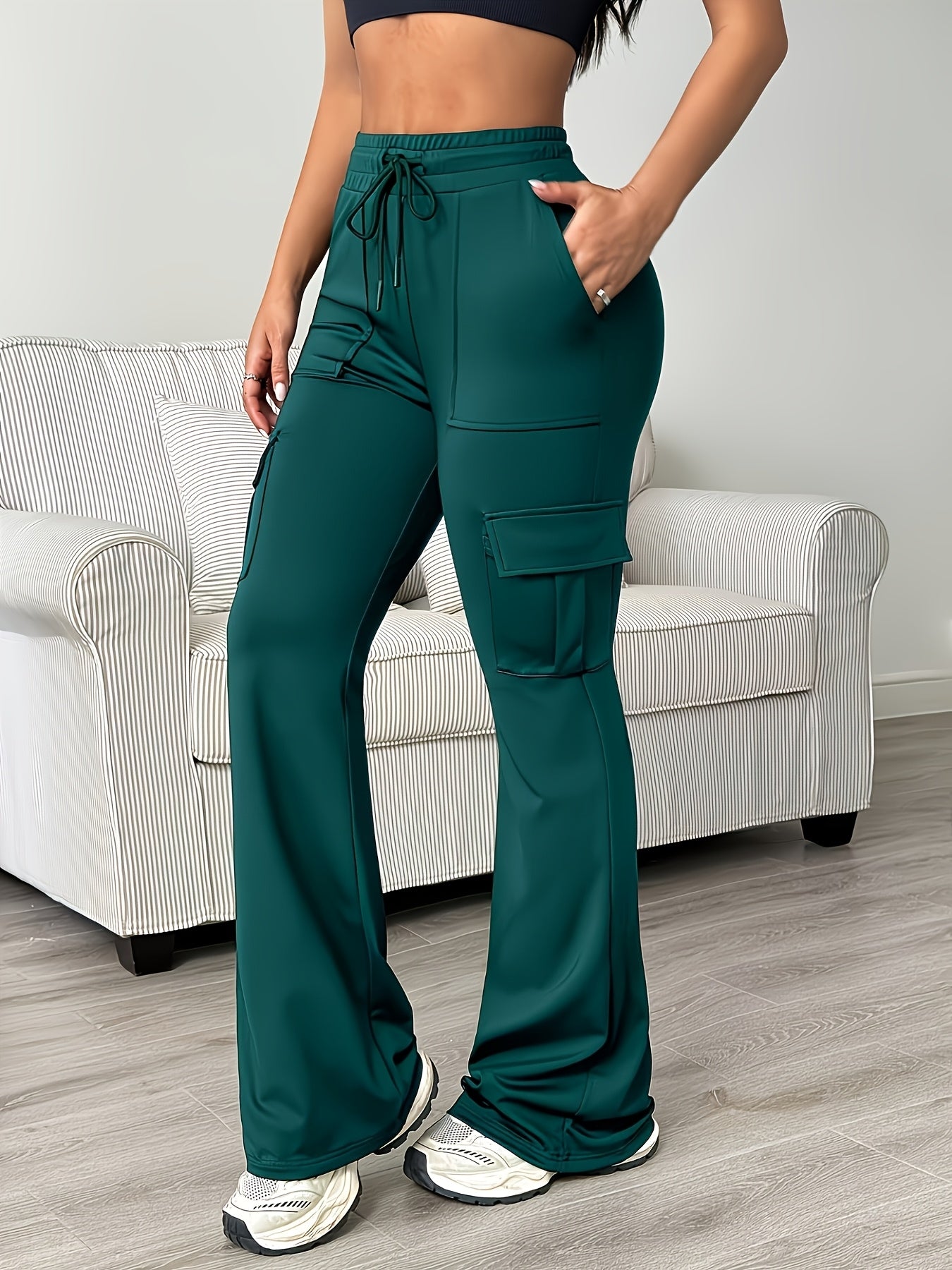 Women'S Functional Flare Cargo Pants, High Waist Elastic Drawstring Bootcut Leggings With Multi-Pockets, Stretchy All-Purpose & Casual Pants