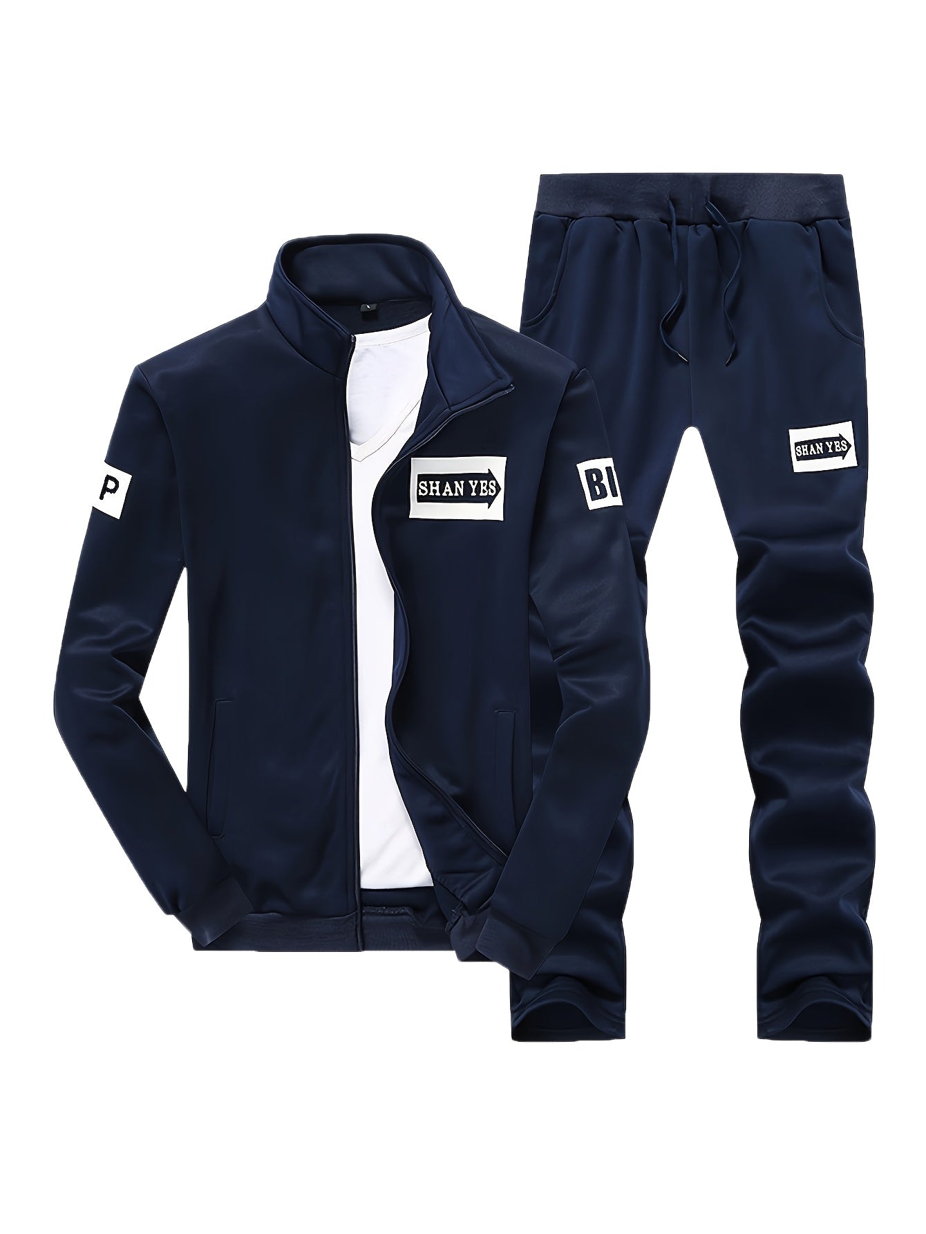 Men'S Navy Blue Tracksuit Set for Spring And Autumn - Zip-Up Jacket with 'SPORT' Print And Joggers, Made of 100%, Non-Stretch Material, Featuring Pockets