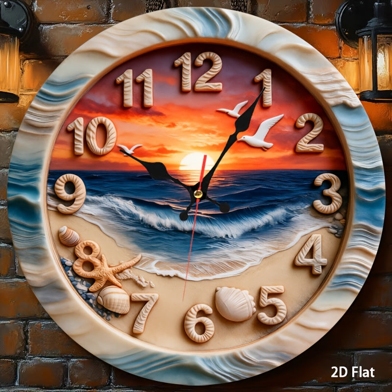 Modern Multi-Purpose 2D Flat Beach Scene Nursery Wall Clock, Perfect for Kitchen, Classroom & Office, Home, School, Apartment, (Battery-Powered (1 AA Required, Not Included))