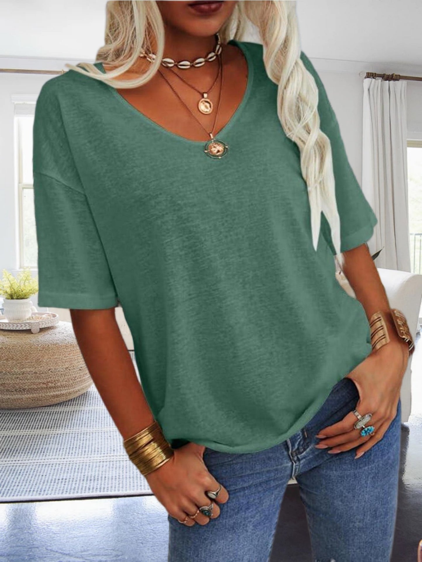 Women's Casual Loungewear Top, Loose V-Neck Short Sleeve Shirt, Soft Comfy Basic Daily Home Wear