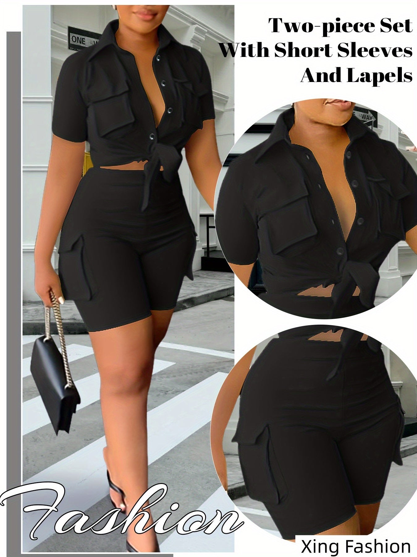 Women 2pcs Outfits Summer Casual Short Sleeve Button Top Biker Shorts with Pockets Solid Color Streetwear Set