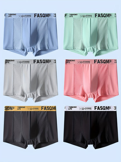 Random Set Of 6 Men's Stylish And Comfortable Boxer Briefs, Featuring Breathable Mesh Patches And Stretchy Fabric. Available In Casual Solid Colors Like Green, Sky Blue, Black, And Deep Gray, with A Contrasting Letter Print On The Waistband.