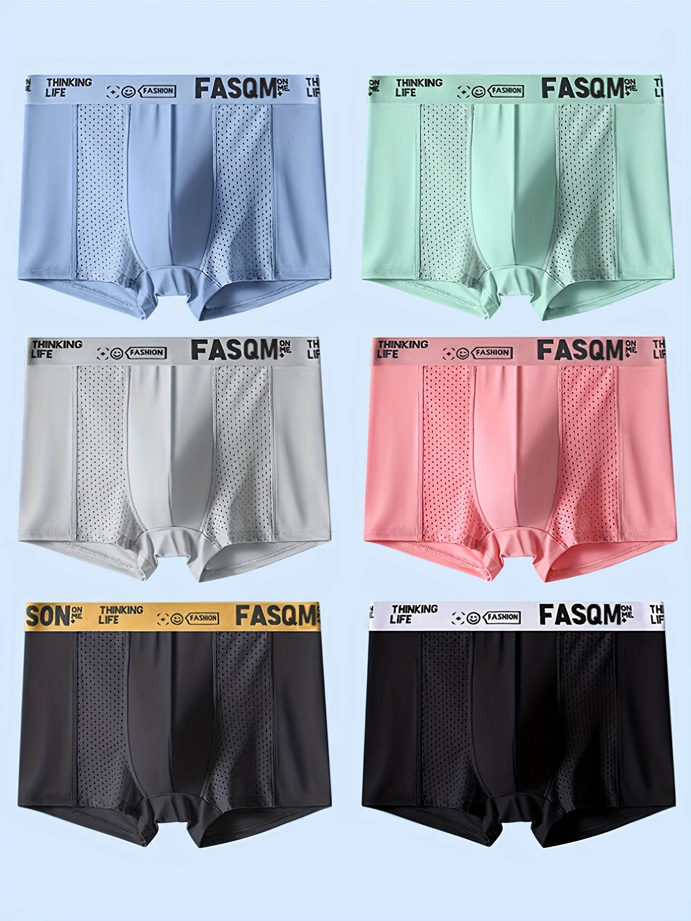 Random Set Of 6 Men's Stylish And Comfortable Boxer Briefs, Featuring Breathable Mesh Patches And Stretchy Fabric. Available In Casual Solid Colors Like Green, Sky Blue, Black, And Deep Gray, with A Contrasting Letter Print On The Waistband.