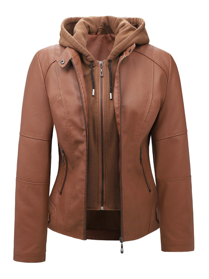 Women's Black Hooded PU Leather Jacket, Slim Fit Motorcycle Style Coat for Fall & Winter, Casual Windproof Outerwear with Removable Hood