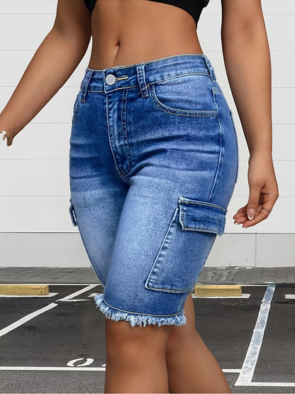 Spring Summer New Women's Sexy Babe Style High Waist Gradient Wash Denim Bermuda Shorts, Stretch Slim Frayed Hem Hip Lifting Cargo Pocket Mid Length Shorts, Versatile Daily Streetwear Dating Outing Vacation for Plus Size Friendly Women