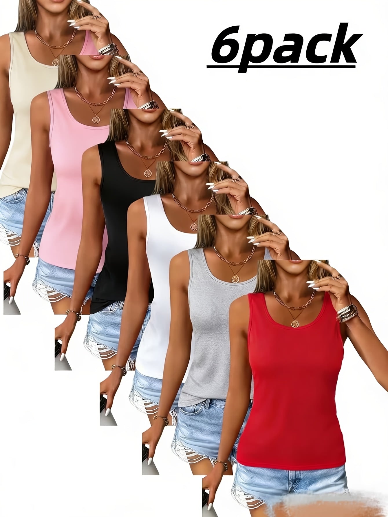 Women'S Vest 6pcs Set High Elastic Seamless Round Neck Shirt Summer Basic Style