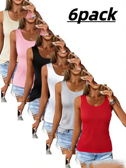 Women'S Vest 6pcs Set High Elastic Seamless Round Neck Shirt Summer Basic Style