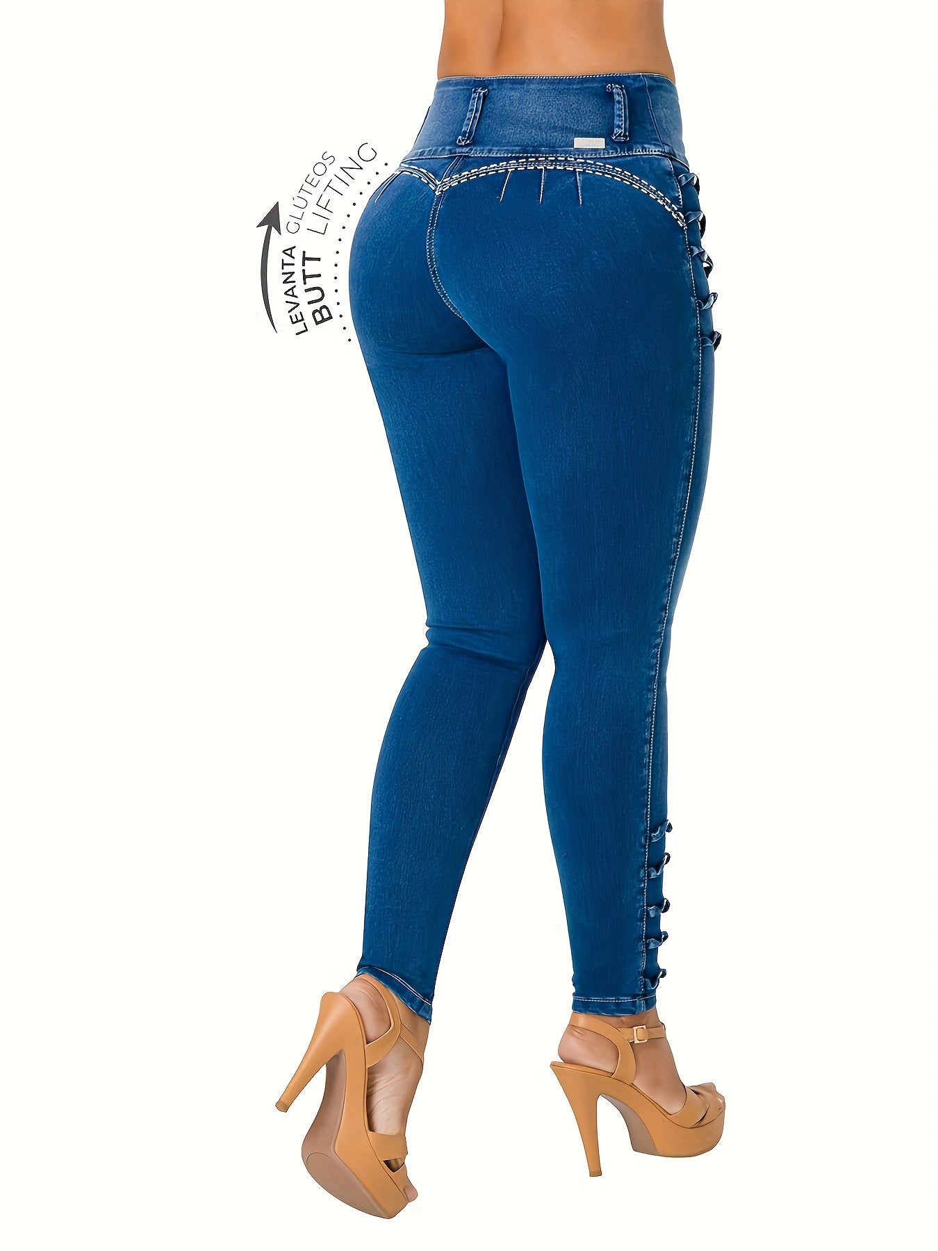 Casual Women'S Jeans with a Blue Wash, Featuring Front Buttons, Side Decorations, an Elastic Waist for a Lifting Effect, And a Snug Fit at The Ankles