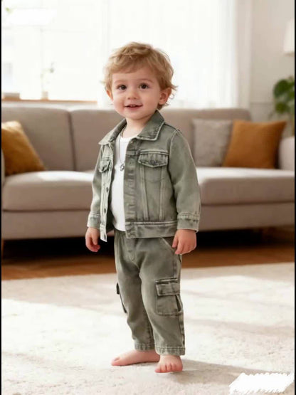 2pcs Boys' Western Cowboy Outfit Set - Distressed Denim Jacket, Jeans| Heavy-Duty Button-Up Front, Fall/Winter Casual Clothes, Casual Attire & Themed Events, Hand Washable Cowboy Set with Classic Western Style, Non-Stretch Fabric, Perfect for Outdoor