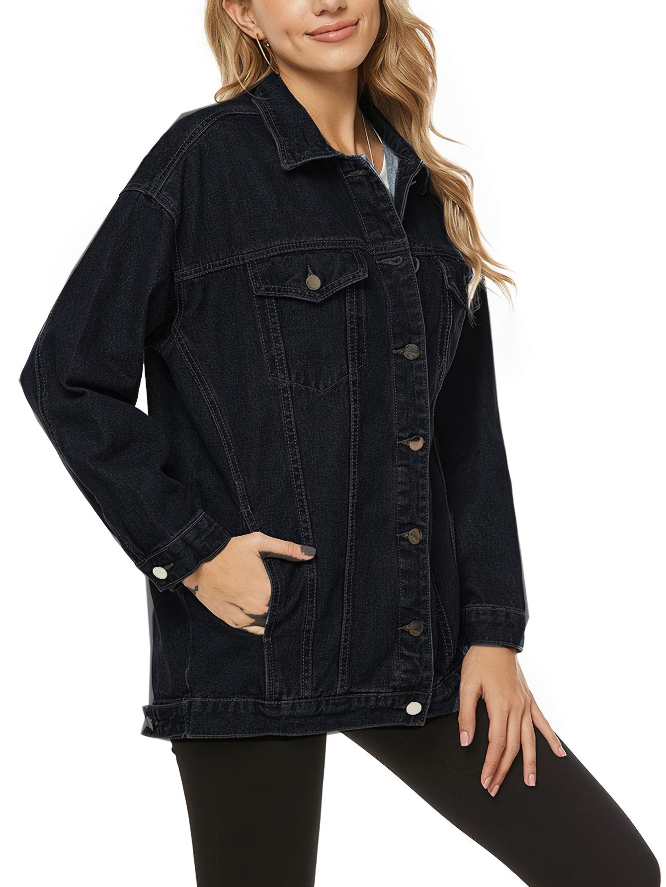 Women'S Oversized Mid-Length Denim Motorcycle Jacket
