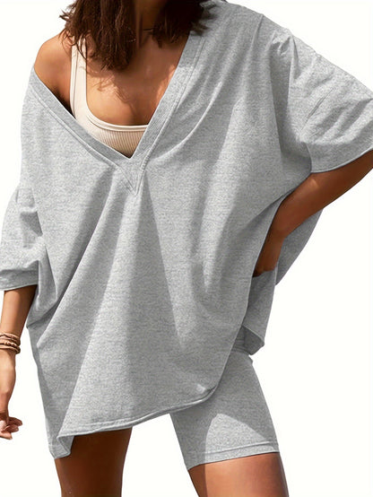 Women'S 2pcs Set Featuring Oversized Biker Shorts And a Reversible