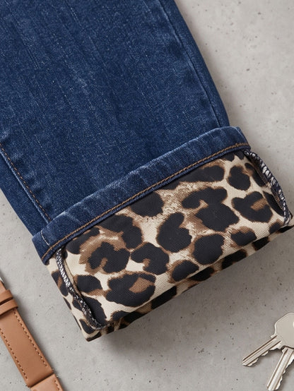 Women'S Mid- Rise Skinny Jeans with Leopard Print Patches& Ripped Details, Dark Wash, Stretchy Fabric a Flattering Fit, Edgy& Casual Styles