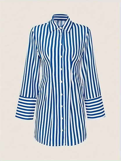 CharmGlow Comfortable Chic Striped Shirt Dress with Side Pockets
