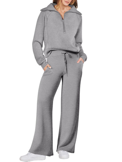 Spring/Autumn Casual Swear Set for Women, Zipper Long-Sleeve Sweatshirt and Wide-Leg Pants 2pcs Set